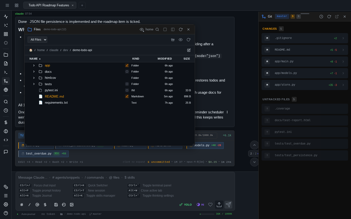 The web client with the file explorer and git widget open over an active session