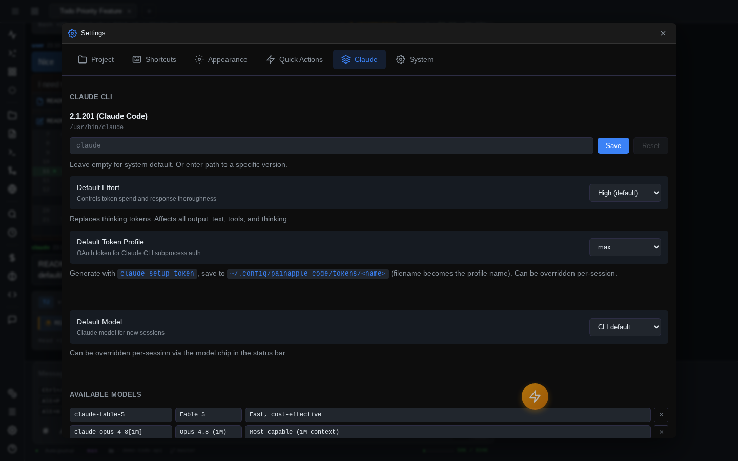 Settings → Claude: the detected Claude CLI version and path, a default-effort selector, a default token-profile dropdown, a default-model selector, and the editable available-models catalog